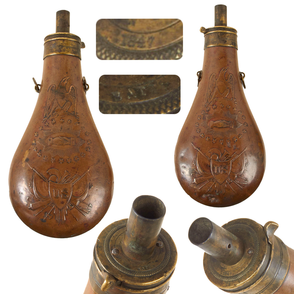 Original U.S. Civil War Copper Batty Peace Powder Flask by Batty Brothers - Dated 1847 - First Year of Production