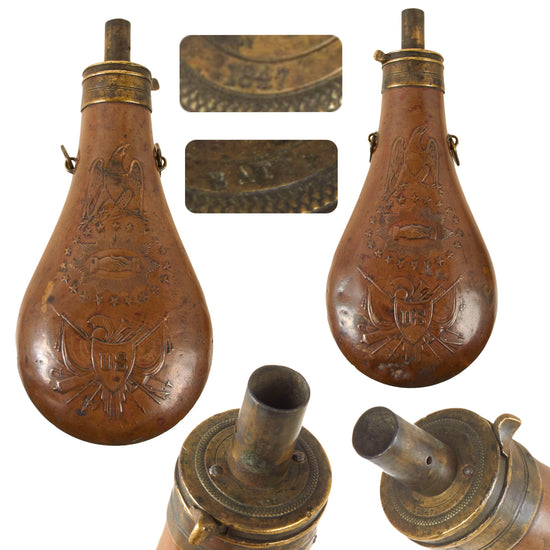 Original U.S. Civil War Copper Batty Peace Powder Flask by Batty Brothers - Dated 1847 - First Year of Production
