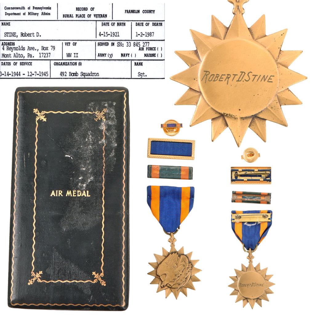 Original U.S. WWII Privately Engraved Air Medal Named to Sgt. Robert D. Stine – 492nd Bombardment Squadron, 7th Bomb Group, 10th Air Force – CBI Veteran with Research File