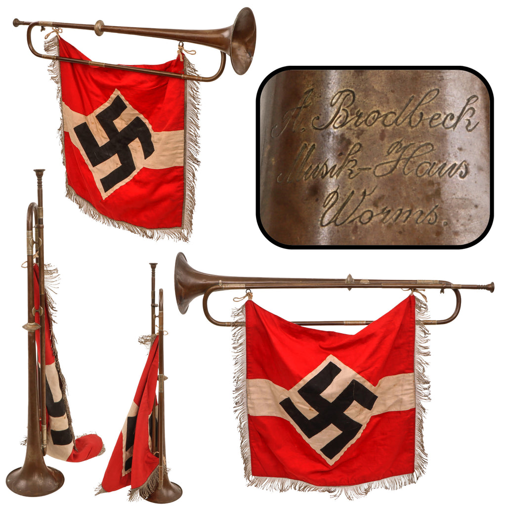 Original German WWII HJ National Youth Organization Fanfare Trumpet in E-flat by A. Brodbeck with 19" x 19" Fringed Banner Original Items