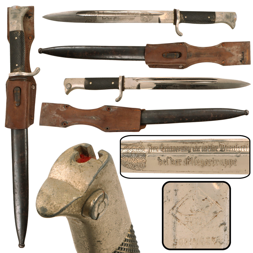 Original German WWII Luftwaffe Single Etched Long 98k Dress Bayonet by Lauterjung & Sohn Puma-Werk with Scabbard and Frog