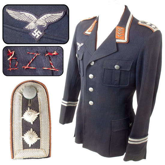 Original German WWII Luftwaffe Signals Oberfeldwebel / Hauptfeldwebel Private Purchase Four Pocket Tuchrock Service Tunic with Bullion Eagle and BZS Initials Original Items
