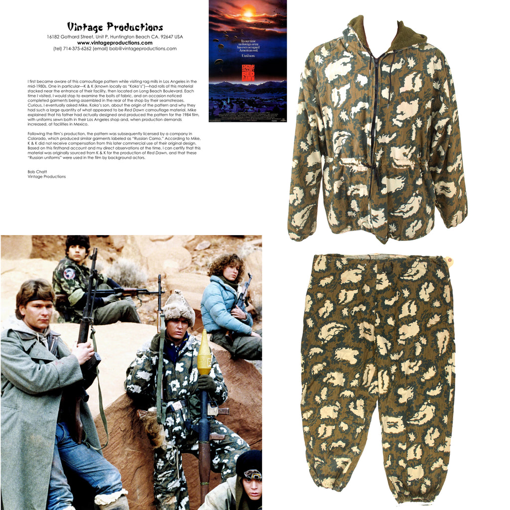 Original Film 1984 Red Dawn Wardrobe Costume: Two Piece Soviet Kamuflirovannyy Letniy Maskirovochnyy Kombinezon KLMK Camouflage Uniform Worn by Russian Soldiers with Copy of Letter of Provenance Original Items