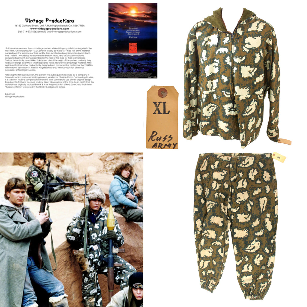 Original Film 1984 Red Dawn Wardrobe Costume: Two Piece Soviet Kamuflirovannyy Letniy Maskirovochnyy Kombinezon KLMK Camouflage Uniform Worn by Russian Soldiers with Copy of Letter of Provenance Original Items