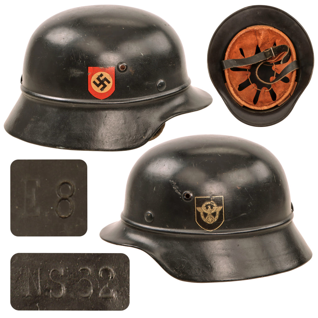 Original German WWII Beaded M35 NSDAP Double Decal Civic Police Steel Helmet with 54cm Liner and Chinstrap - marked NS62 Original Items
