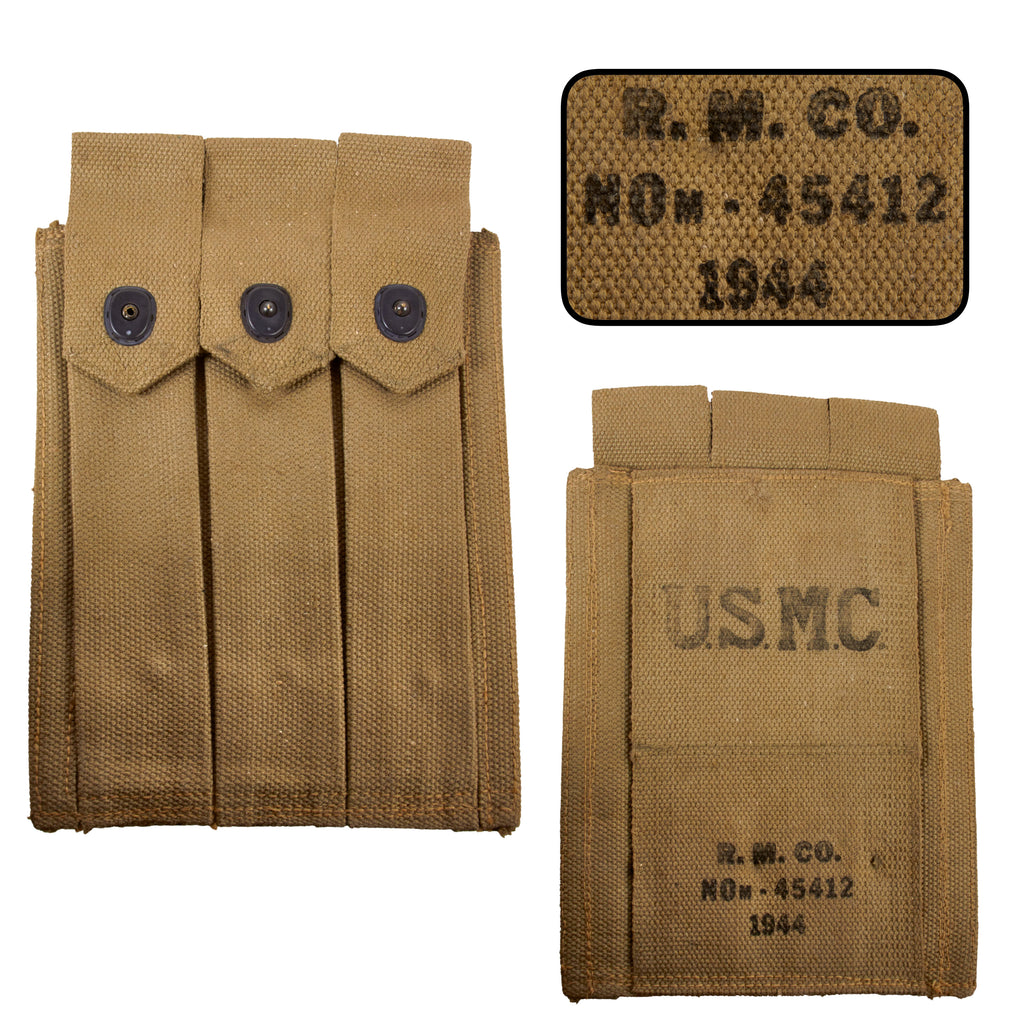 Original U.S. WWII USMC 1944 Dated Thompson .45 Submachine Gun Magazine Pouch by Russell Mfg. Co.