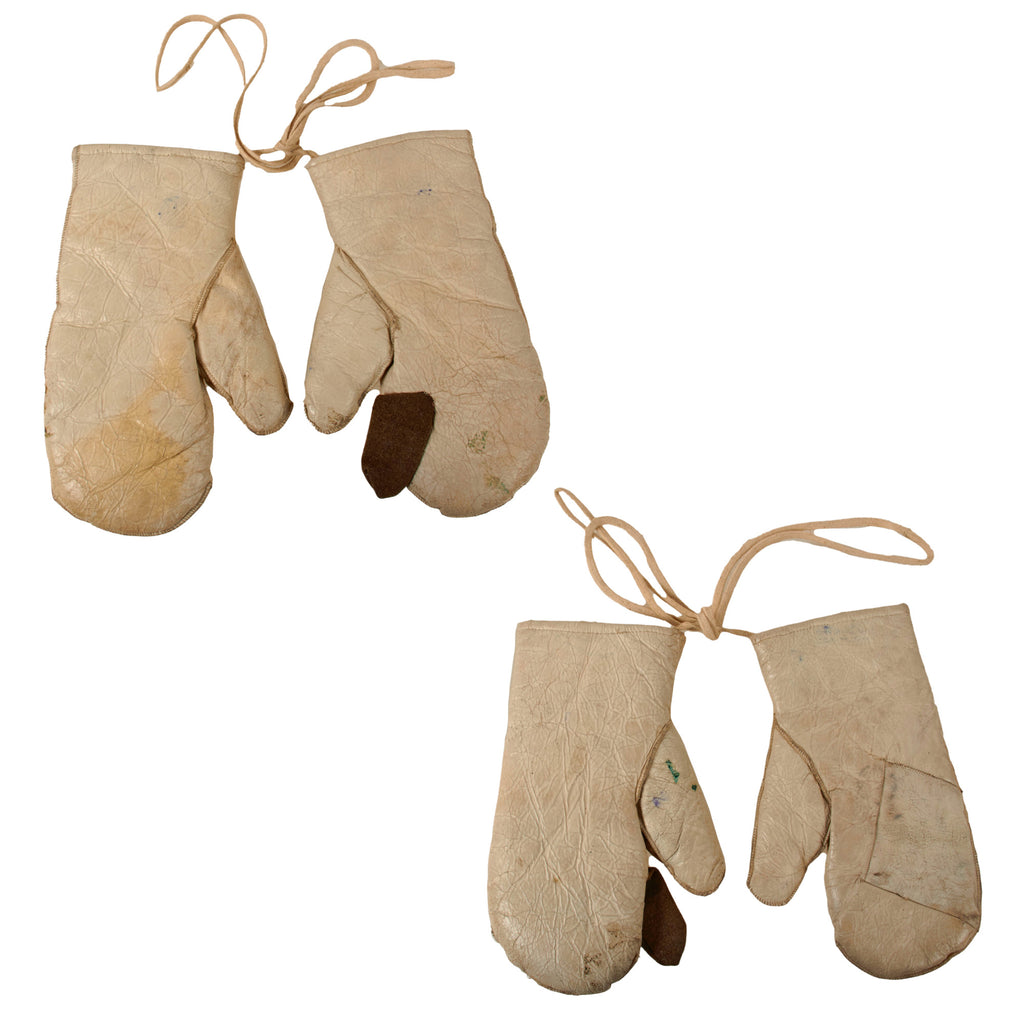 Original German WWII Matched Pair of Luftwaffe White Fur-Lined Leather Flying Mittens with Modified Trigger Finger Original Items