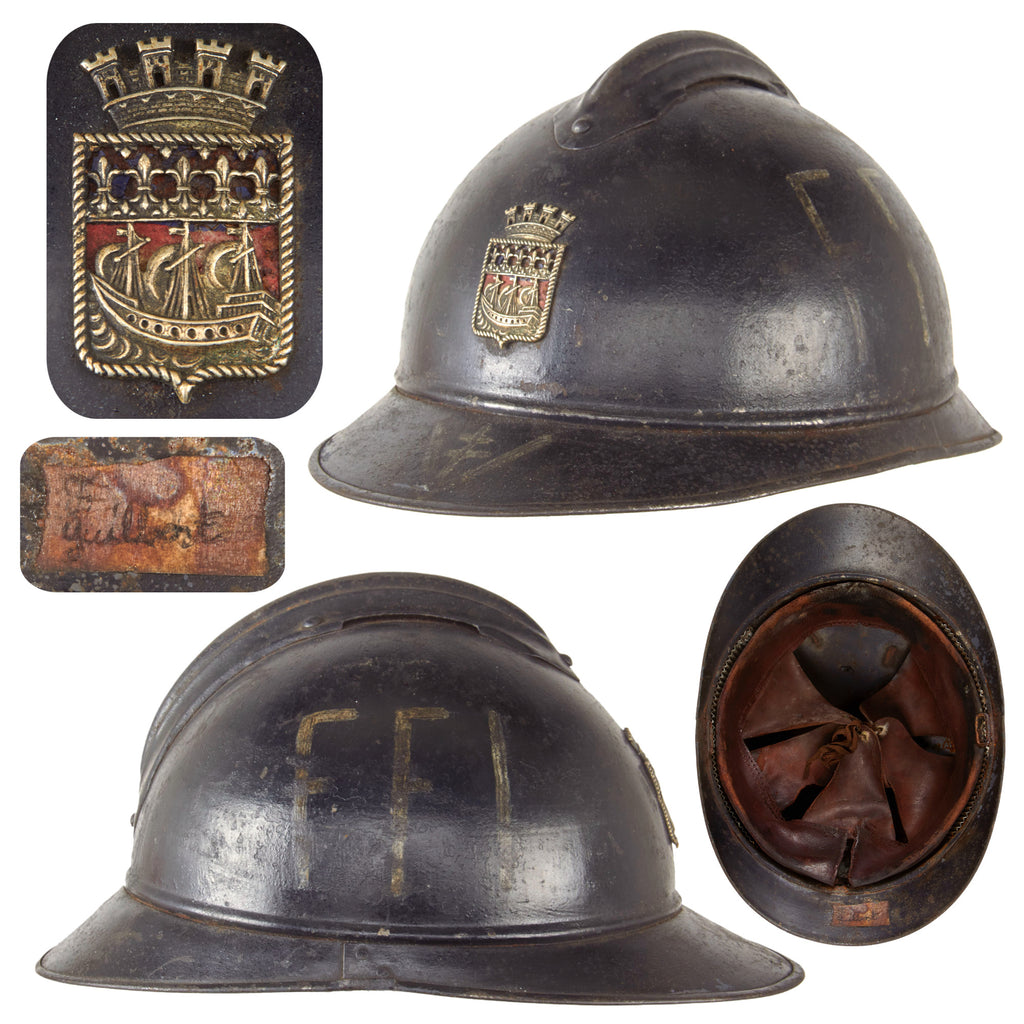 Original French WWII FFI-Captured & Painted Paris Police M1915 Adrian Helmet with Liner & Name Tape Original Items