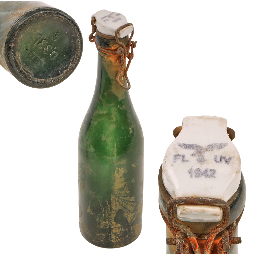 Original German WWII Luftwaffe FL UV Marked Green Glass Beer or Wine Bottle - Dated 1942
