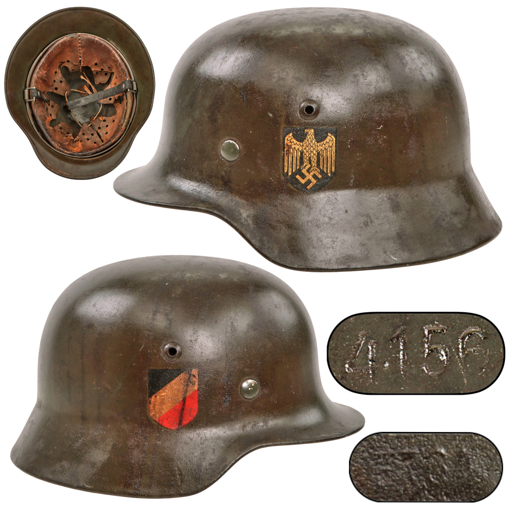 Original German WWII Heer Army Double Decal M35 Steel Helmet with 1938 Dated 56cm Liner - Stamped ET64