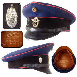 Original German WWII Feuerschutzpolizei Fire Protection Police EM/NCO Schirmmütze Visor Cap by Peküro, Measured Size 57cm