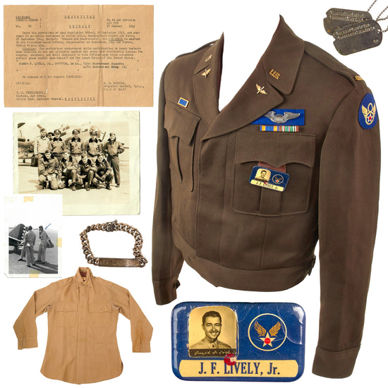 Original U.S. WWII AAF 710th Bomb Squadron 447th Bomb Group Pilot Lt. Joseph F. Lively Jr.’s Uniform Ike Jacket & Dog Tag Grouping with Photos & Original Air Medal Citation