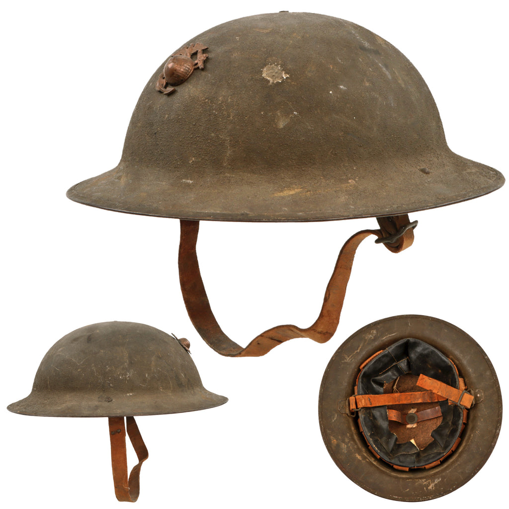 Original U.S. WWI USMC M1917 Doughboy Helmet with P1917 Eagle, Globe and Anchor Punched Shell Application, Intact Liner and Chinstrap, Marked ZC 179 Original Items