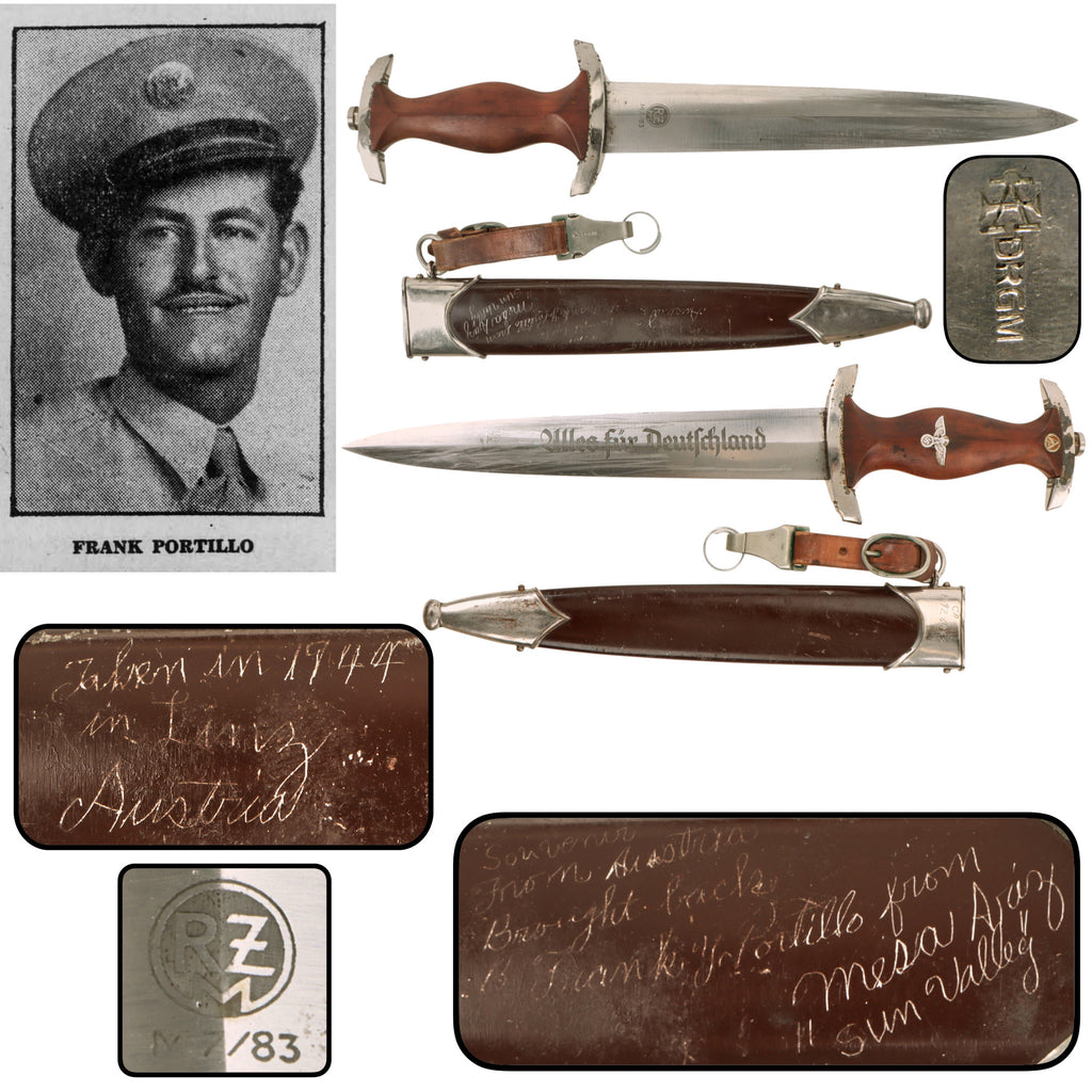 Original German WWII SA Dagger by Rare Maker Richard Plümacher Sohn with Named USGI Bring Back Inscribed Scabbard and Hanger, RZM M7/83