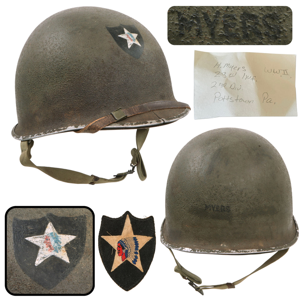 Original U.S. WWII Named 2nd Infantry Division Painted Fix Bale Front Seam M1 Helmet with CAPAC Liner & Patch - H. Myers, 23rd Infantry Regiment, Pottstown, PA