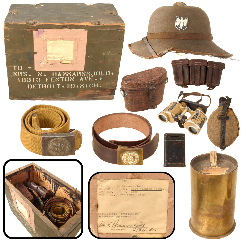 Original U.S. WWII AAF 31st Fighter Group German Souvenir Bring-Back Grouping - German Pith Helmet, Tropical Afrikakorps DAK Web Belt, Artillery Shell & Field Gear - Lt. Nils Reinhold Hammarskjold