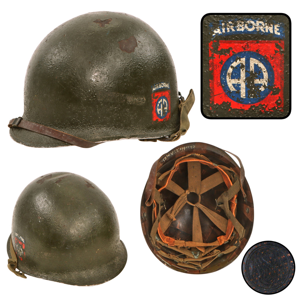 Original U.S. Korean War WWII Rear Seam M1-C Airborne Paratrooper Helmet Reissued in 1950s with 82nd Airborne Division Decal & Rigger-Modified MSA Jump Liner