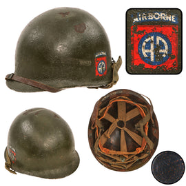 Original U.S. Korean War WWII Rear Seam M1-C Airborne Paratrooper Helmet Reissued in 1950s with 82nd Airborne Division Decal & Rigger-Modified MSA Jump Liner