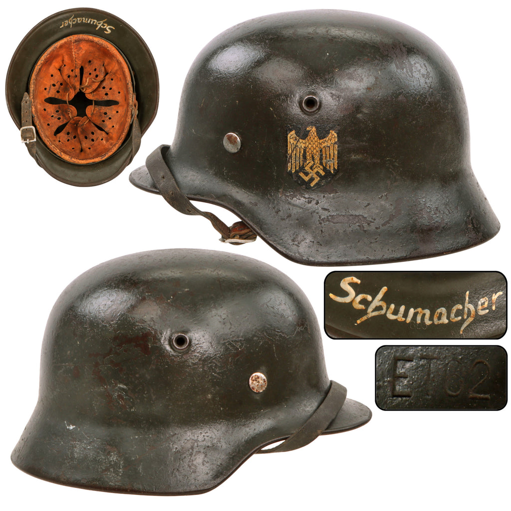 Original German WWII Heer Army Named Single Decal M40 Steel Helmet with 55cm Liner and Chinstrap, Stamped ET62