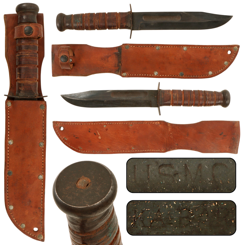 Original U.S. WWII USMC Early Blade-Marked Mark 2 KA-BAR Fighting Knife in Leather Sheath