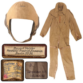 Original German WWII Luftwaffe Summer Flying Suit by Schneider AG with LKP S101 Summer Pilot Flying Helmet by Siemens