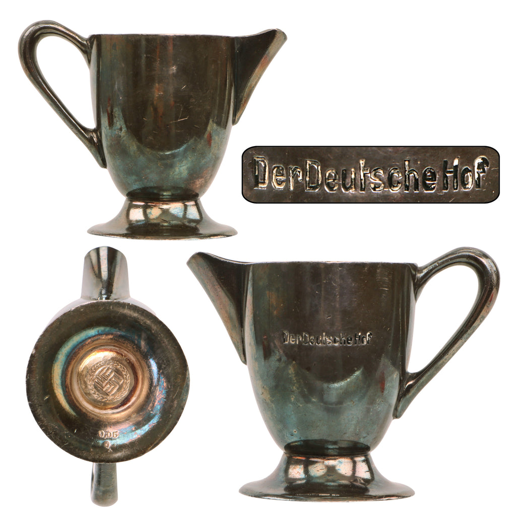Original German WWII Der Deutsche Hof Nürnberg NSDAP Silver Plated Alpaca Creamer with Wreathed Swas Marking