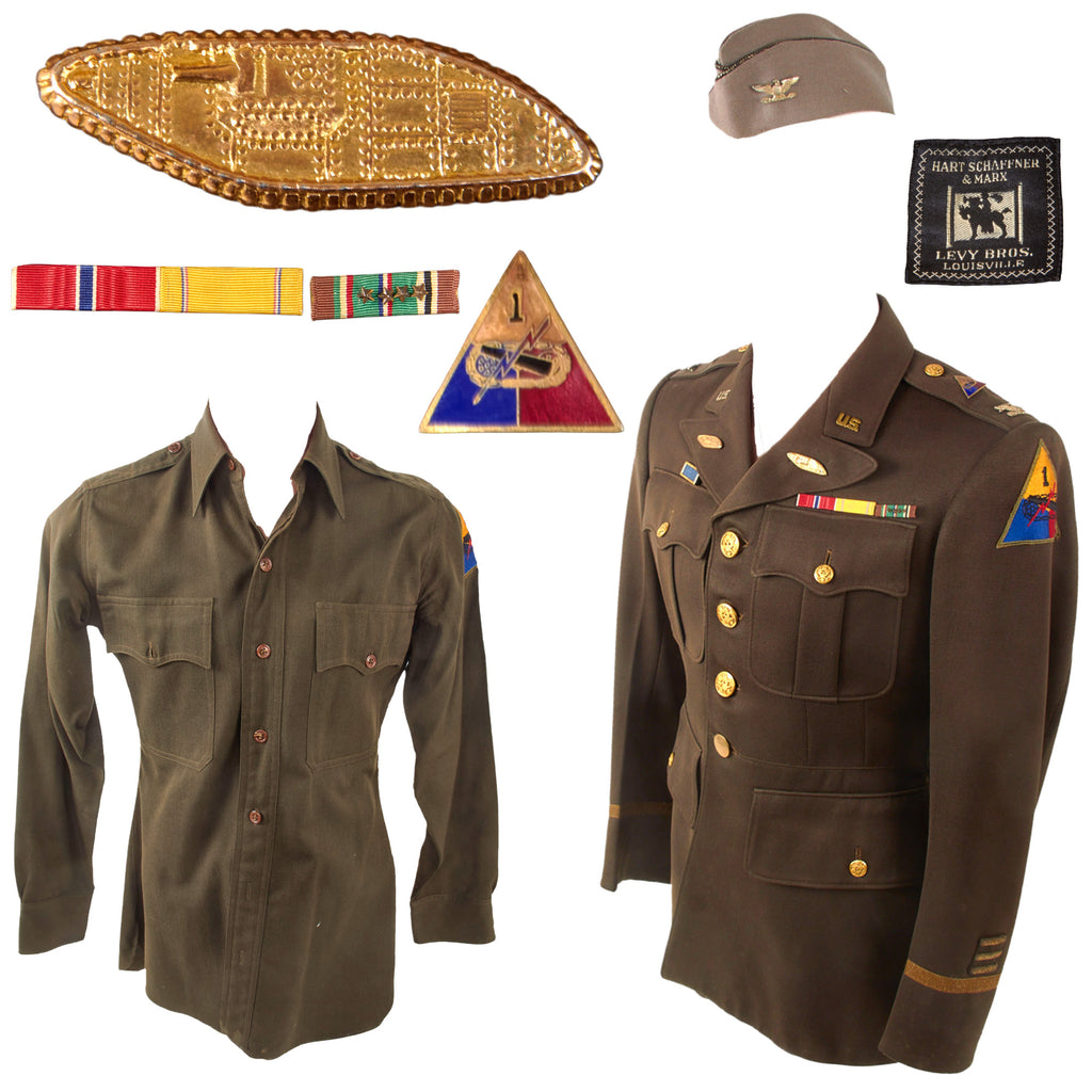 Original U.S. WWII Early War 1st Armored Division Colonel’s Uniform with Enamel Division Pins, Garrison Cap, and Patched Shirt - Great Research Potential Original Items