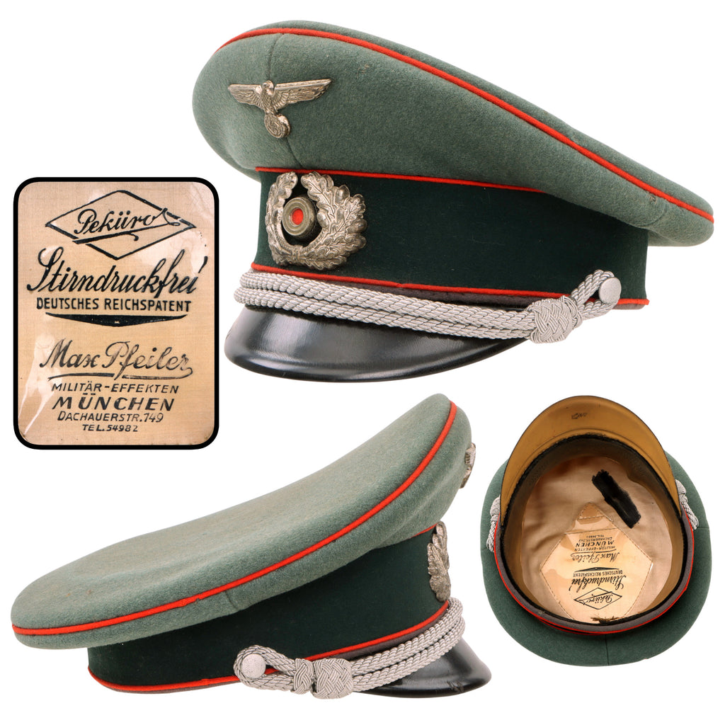 Original German WWII Heer Army Artillery Officer Schirmmütze Visor Cap by Peküro with Saddle Form Crown, Measured Size 54cm Original Items