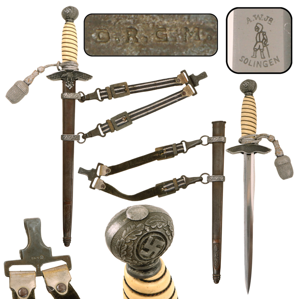 Original German WWII 2nd Model Luftwaffe Dagger by Rare Maker Anton Wingen Jr. with Scabbard, Hanger, and Portepee