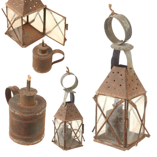 Original U.S. Early 19th Century Era Punched Tin Oil Lantern with Retained Can - Cracked Glass Original Items