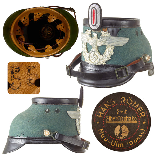 Original German WWII 1937 Dated Metropolitan Police Officer Tschako by Hans Römer, Size 55, with Replica Cockade and Chinstrap Original Items