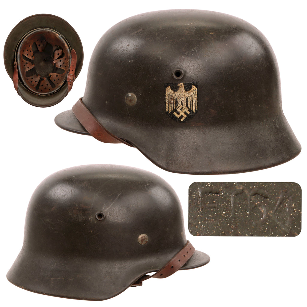 Original German WWII Heer Army M40 Single Decal Steel Helmet with 56cm Liner & 1940 Dated Chinstrap, Stamped ET64 Original Items