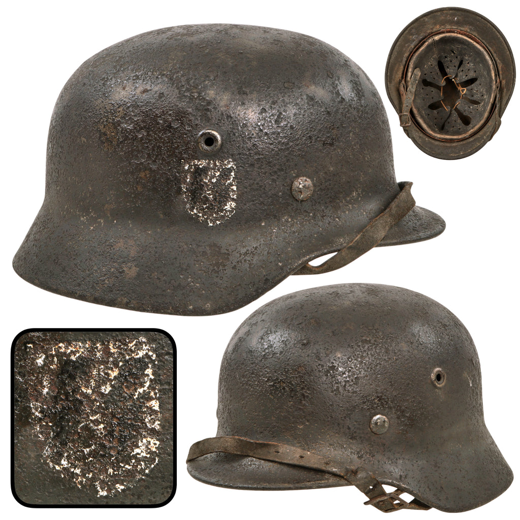 Original German WWII Waffen-SS Single Decal M40 Steel Helmet in Relic Condition with Original Liner and Chinstrap, Size 66 Shell