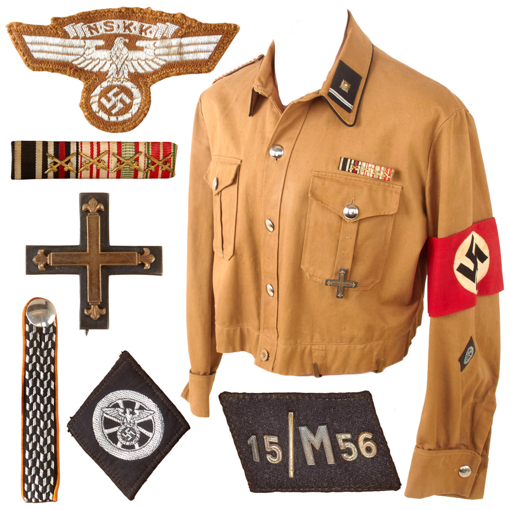 Original German WWII Early NSKK Oberscharführer Motorsturm 15 / Motorstandarte 56 Brown Shirt Tunic with Armband, Medal Bar, and Baltic Cross