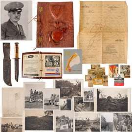 Original U.S. WWII USMC Iwo Jima Unpublished Photo Grouping with Field-Modified KA-BAR Fighting Knife, Top Secret Iwo Jima Map, and Company Unit History in EGA Carved Wooden Cover - 5th Engineer Battalion