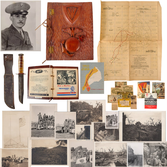 Original U.S. WWII USMC Iwo Jima Unpublished Photo Grouping with Field-Modified KA-BAR Fighting Knife, Top Secret Iwo Jima Map, and Company Unit History in EGA Carved Wooden Cover - 5th Engineer Battalion Original Items