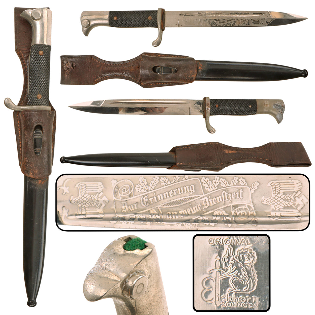 Original German WWII Heer Single Etched Short 98k Dress Bayonet by Carl Eickhorn with Scabbard and Brown Leather Frog Original Items