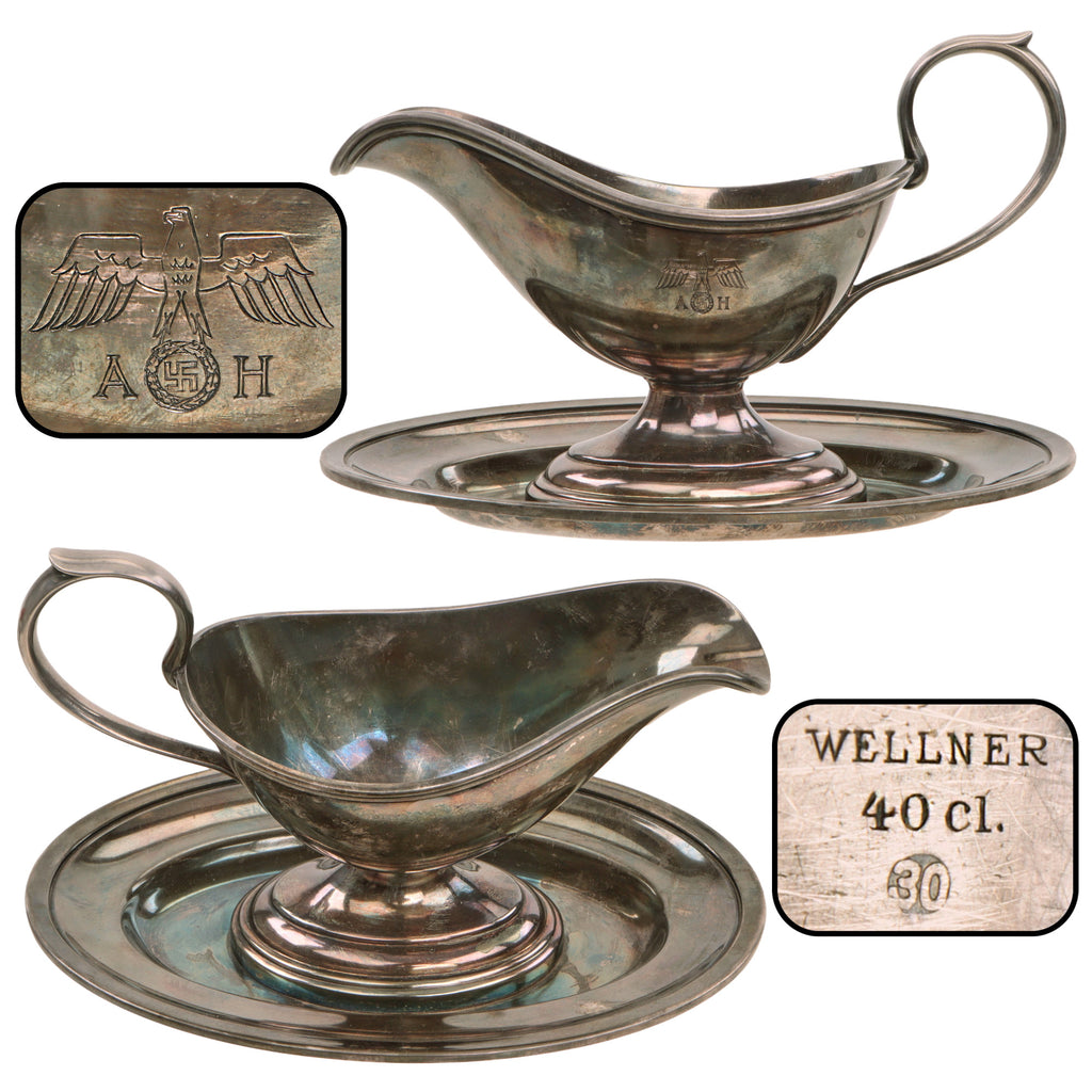 Original German WWII AH Formal Pattern 40cl Silver Plated Gravy Boat by Wellner with Attached Underplate Original Items
