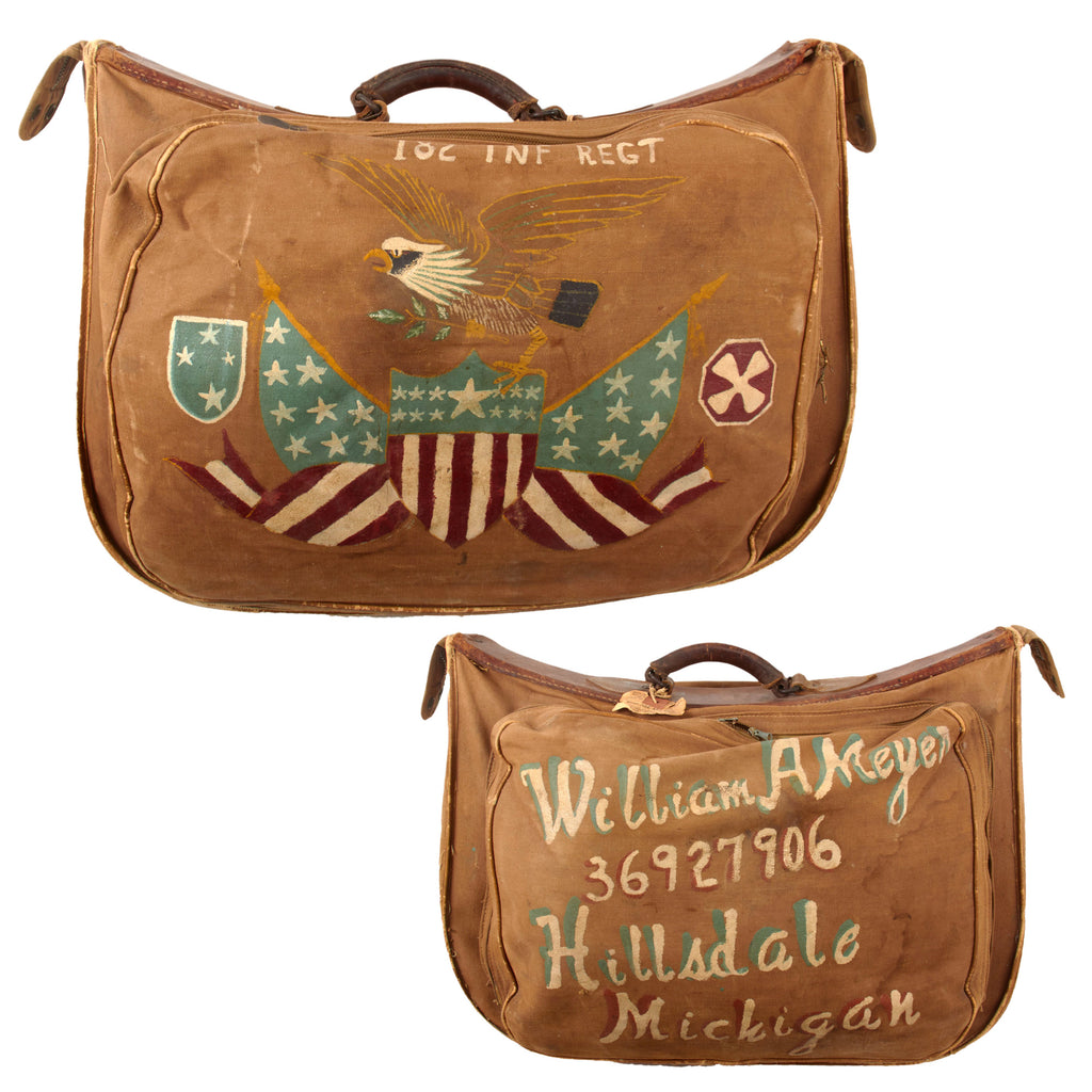 Original U.S. WWII 182nd Infantry Regiment Hand-Painted Souvenir Canvas Flight Crew Bag with Patriotic Eagle Artwork - William A. Meyer Original Items