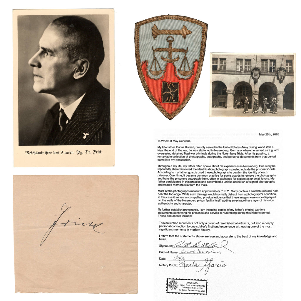Original Nuremberg Prison Signature of Wilhelm Frick, Reich Minister of the Interior - Author of the Nuremberg Laws - Obtained Directly from a U.S. Army Guard, 1945–1946 Original Items