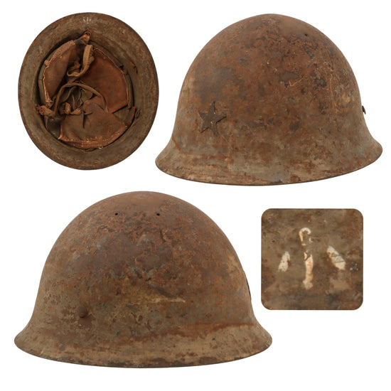 Original Japanese WWII “Battlefield Pickup” Type 90 Army Helmet with Service-Worn Liner Purportedly Found in Cave on Iwo Jima - Tetsubo Original Items