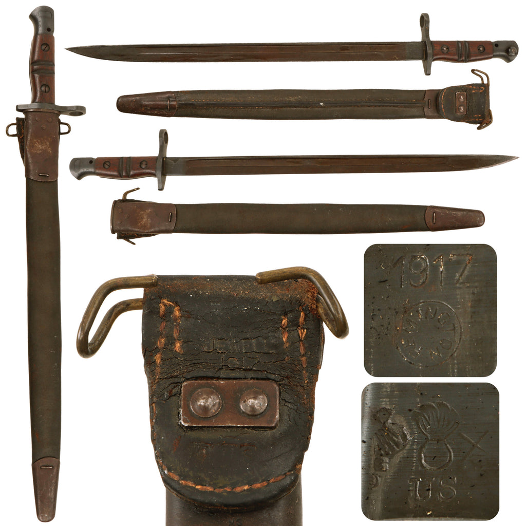 Original U.S. WWI M1917 Enfield Rifle & Trench Gun Bayonet by Remington with Scarce First Pattern Maxim Patent Scabbard - Dated 1917 Original Items