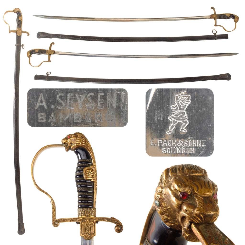 Original German WWII Army Officers Lion Head Sword by Ernst Pack & Söhne with Scabbard - Retailed by A. Seysen Bamberg Original Items