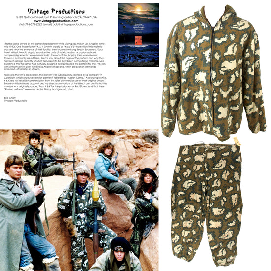 Original Film 1984 Red Dawn Wardrobe Costume: Two Piece Soviet Kamuflirovannyy Letniy Maskirovochnyy Kombinezon KLMK Camouflage Uniform Worn by Russian Soldiers with Copy of Letter of Provenance Original Items
