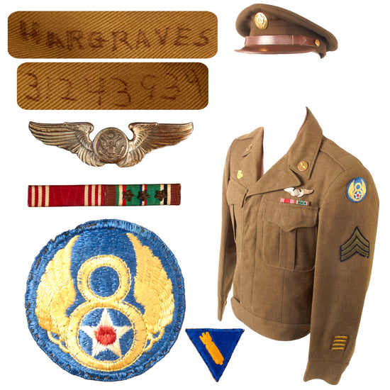 Original U.S. WWII 8th Air Force 361st Fighter Squadron Aircrew Uniform Ike Jacket & Enlisted Visor Cap - Sergeant Everett L. Hargraves, Armament Specialist Original Items