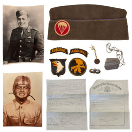 Original U.S. WWII 101st Airborne Division Field Artillery Battalion Dog Tag & Garrison Cap Grouping with Lucky Penny & Sterling Parachute Wings - Truck Driver William Manteufel