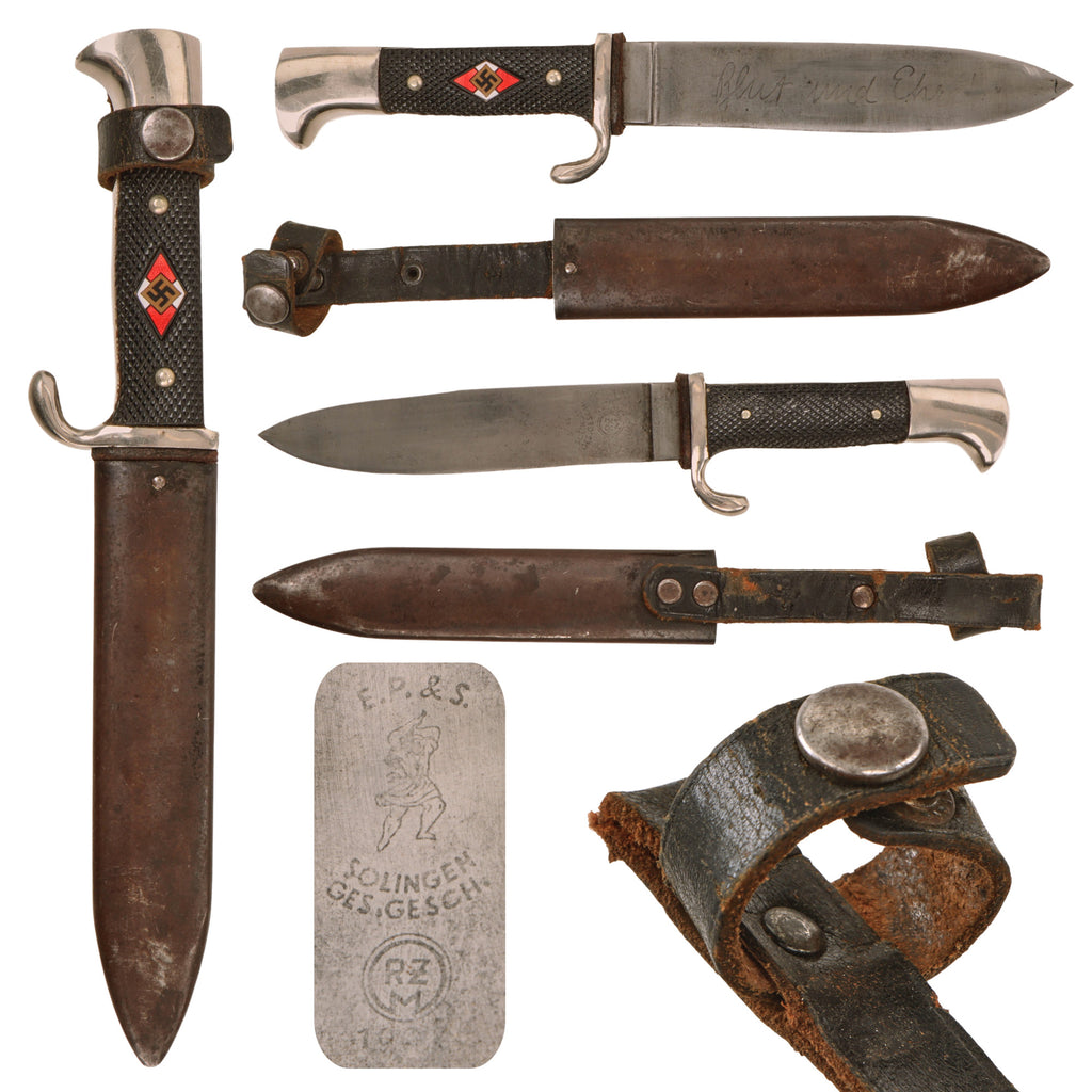 Original German WWII 1937 Dated Motto & RZM Marked Transitional HJ Knife by Ernst Pack & Söhne with Rare Anodized Scabbard Original Items
