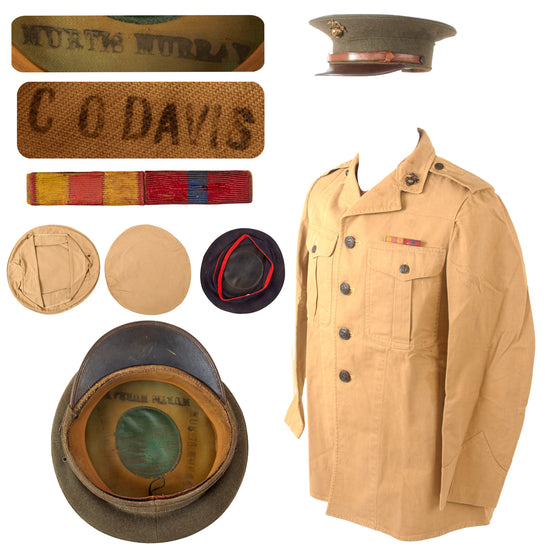 Original U.S. Post-WWI 1920s U.S. Marine Corps Khaki Enlisted Open Collar Tunic with Ribbon Bar & Visor Cap with Three Covers