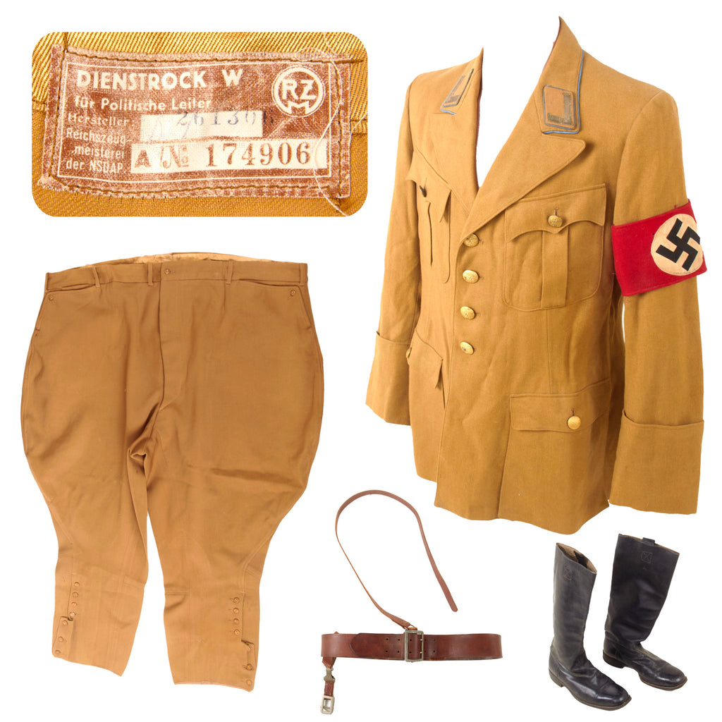 Original German WWII NSDAP Local Group Department Leader Uniform Tunic with Breeches, Belt, and Boots - Ortsgruppenleitung Stellenleiter Original Items