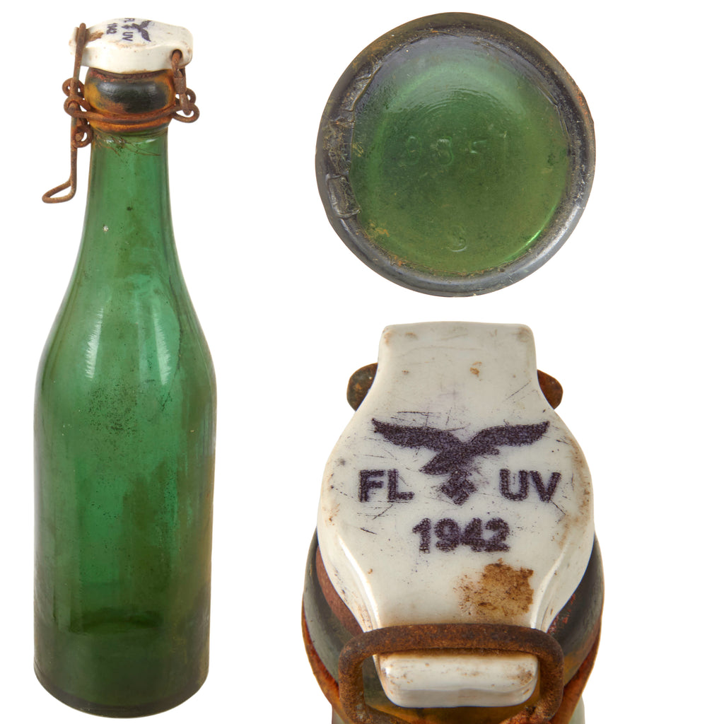 Original German WWII Luftwaffe FL UV Marked Green Glass Beer or Wine Bottle - Dated 1942